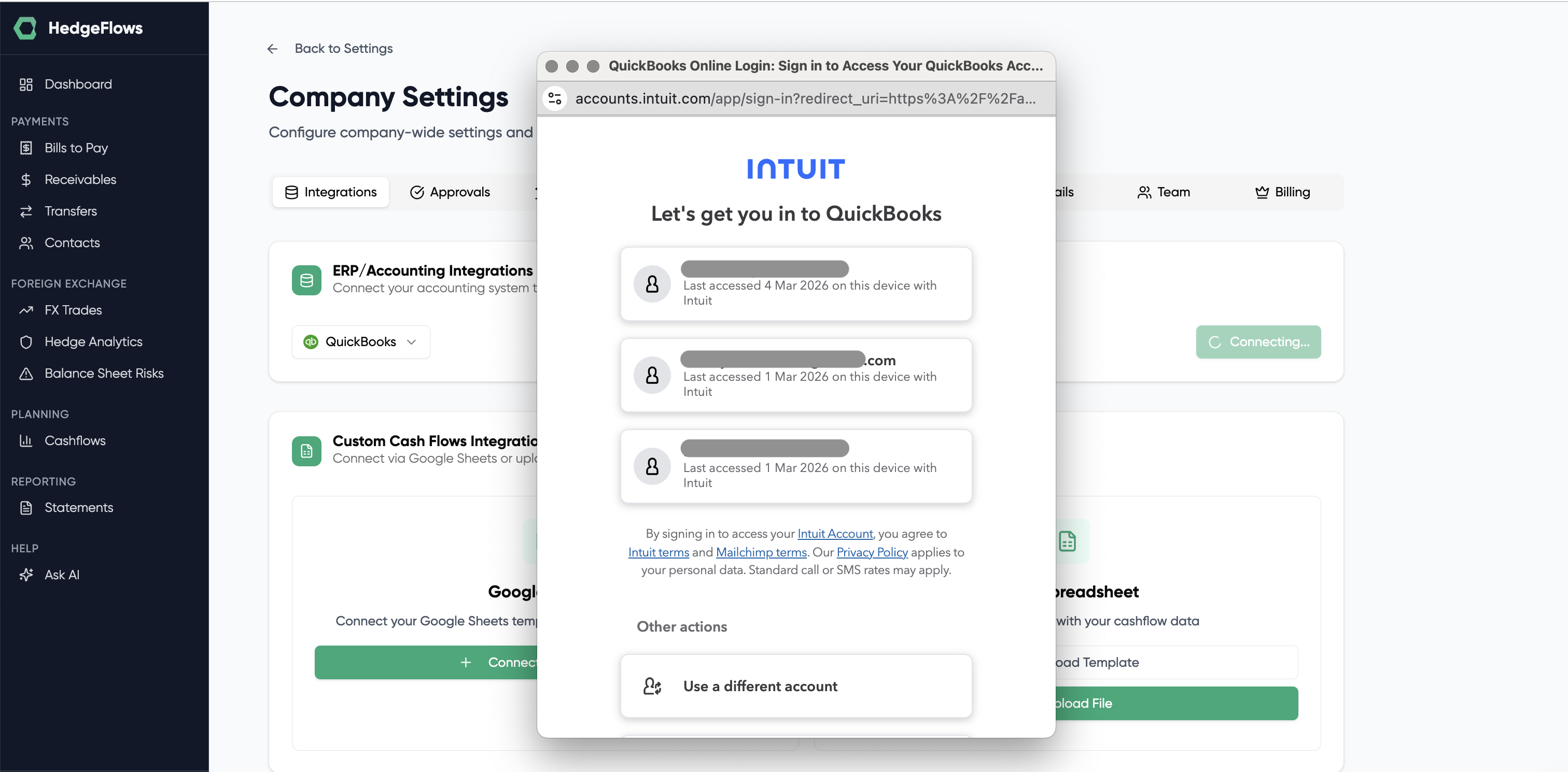 Authorise HedgeFlows connection in QuickBooks
