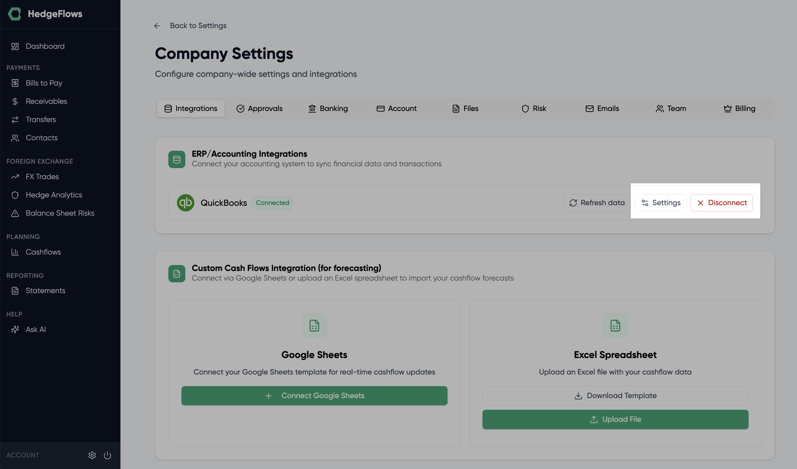QuickBooks integration settings summary